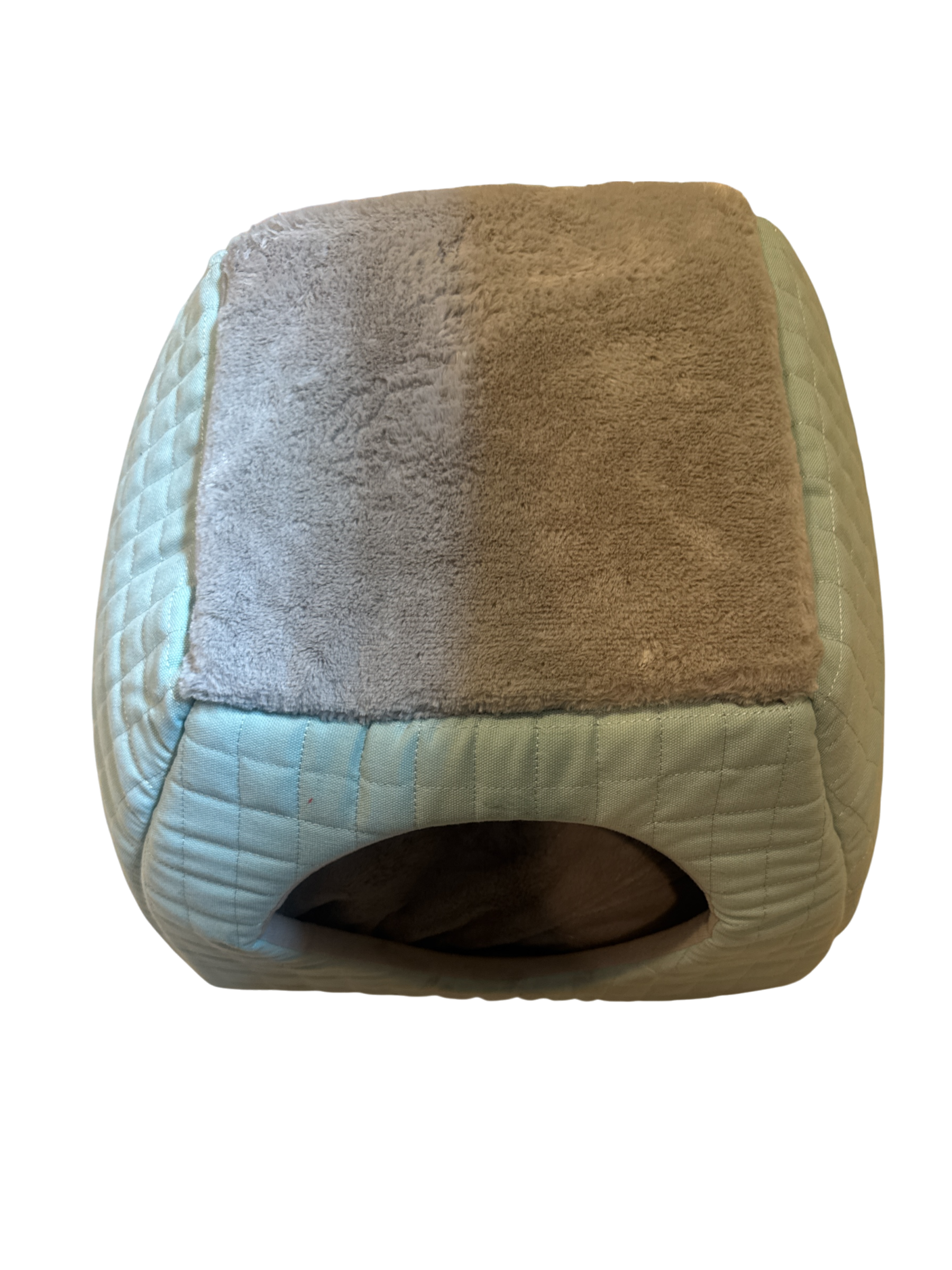 The Xchange small plush pet bed in light blue with a grey fuzzy interior and quilted exterior.