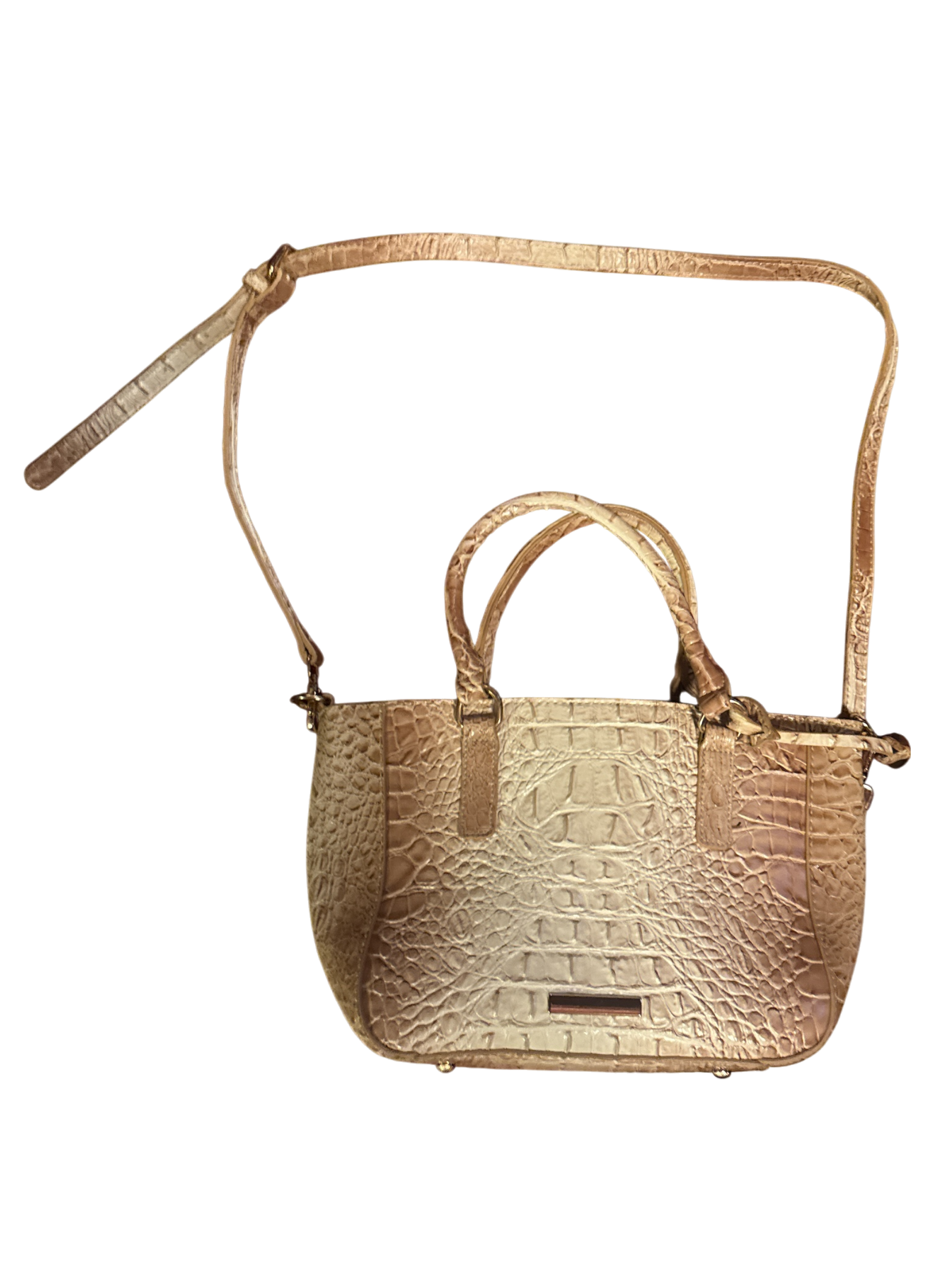 The Xchange medium tan crocodile-textured handbag with top handles and a detachable shoulder strap.