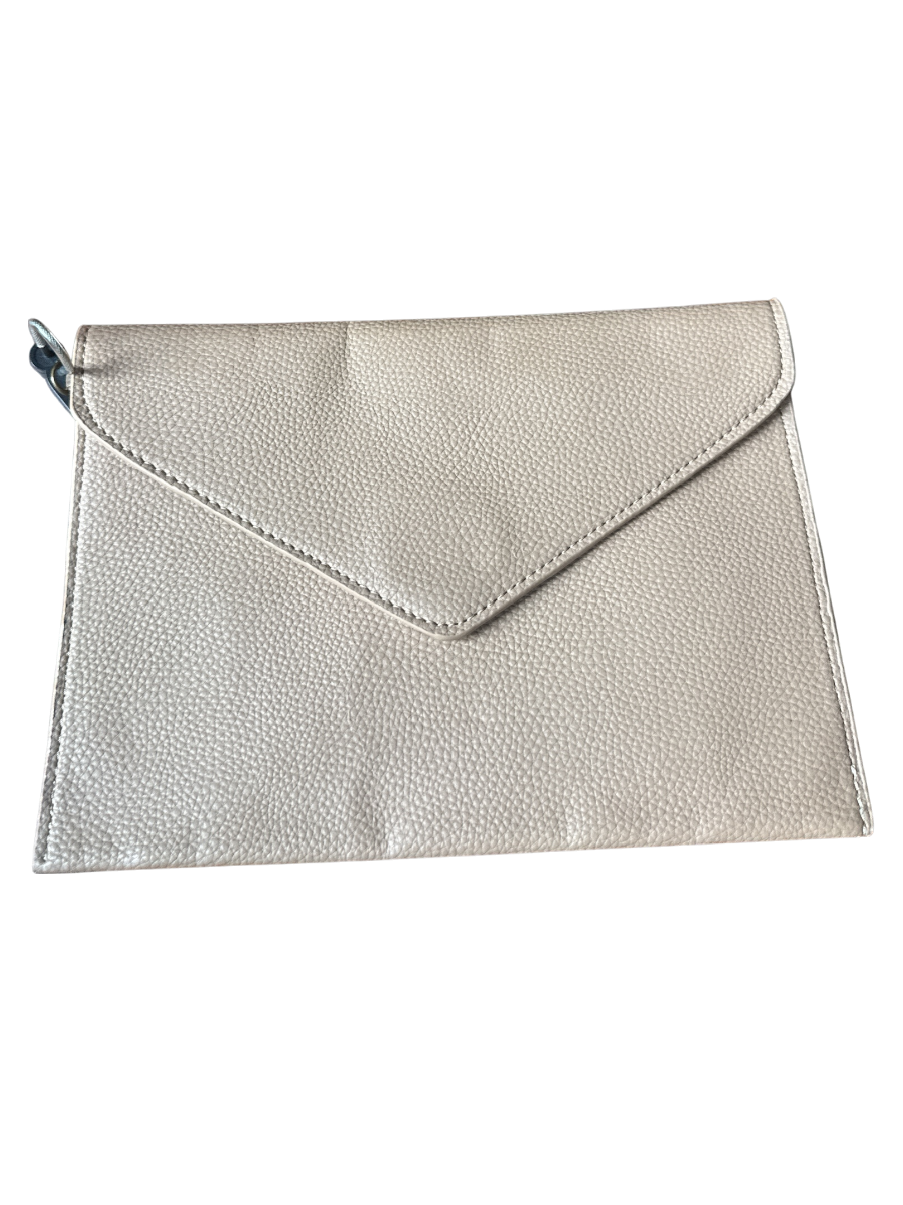 The Xchange medium tan pebbled faux leather envelope clutch with a silver ring detail.