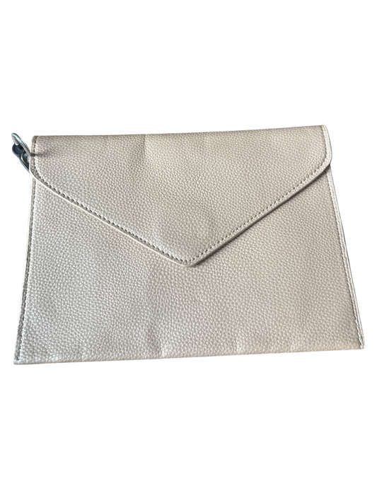 The Xchange medium tan pebbled faux leather envelope clutch with a silver ring detail.