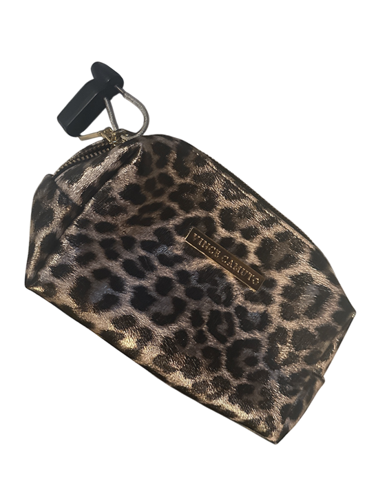 The Xchange Vince Camuto small leopard print makeup bag with gold zipper and metal logo.