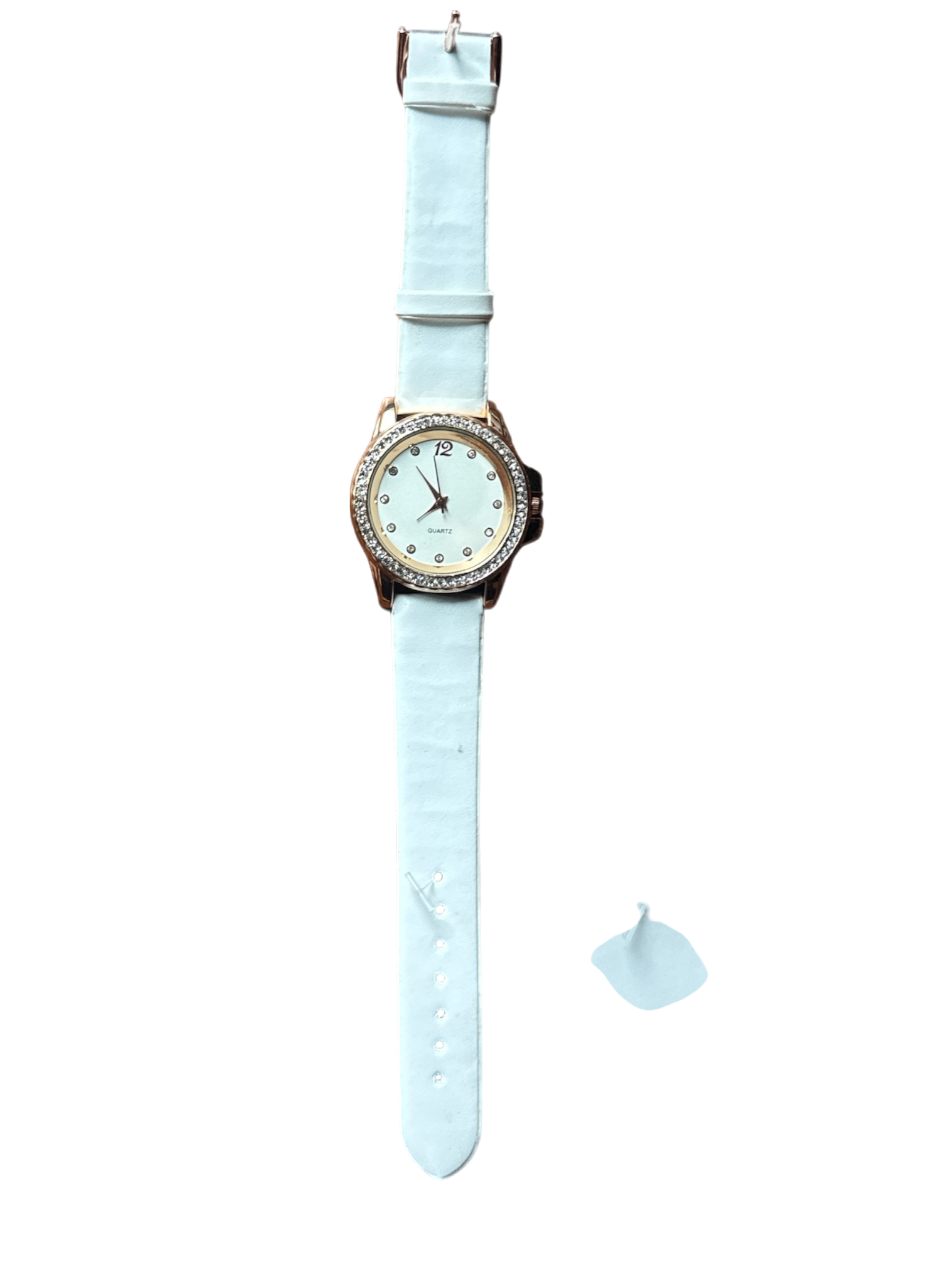 The Xchange white leather quartz watch with gold-tone case and zircon-embellished bezel.