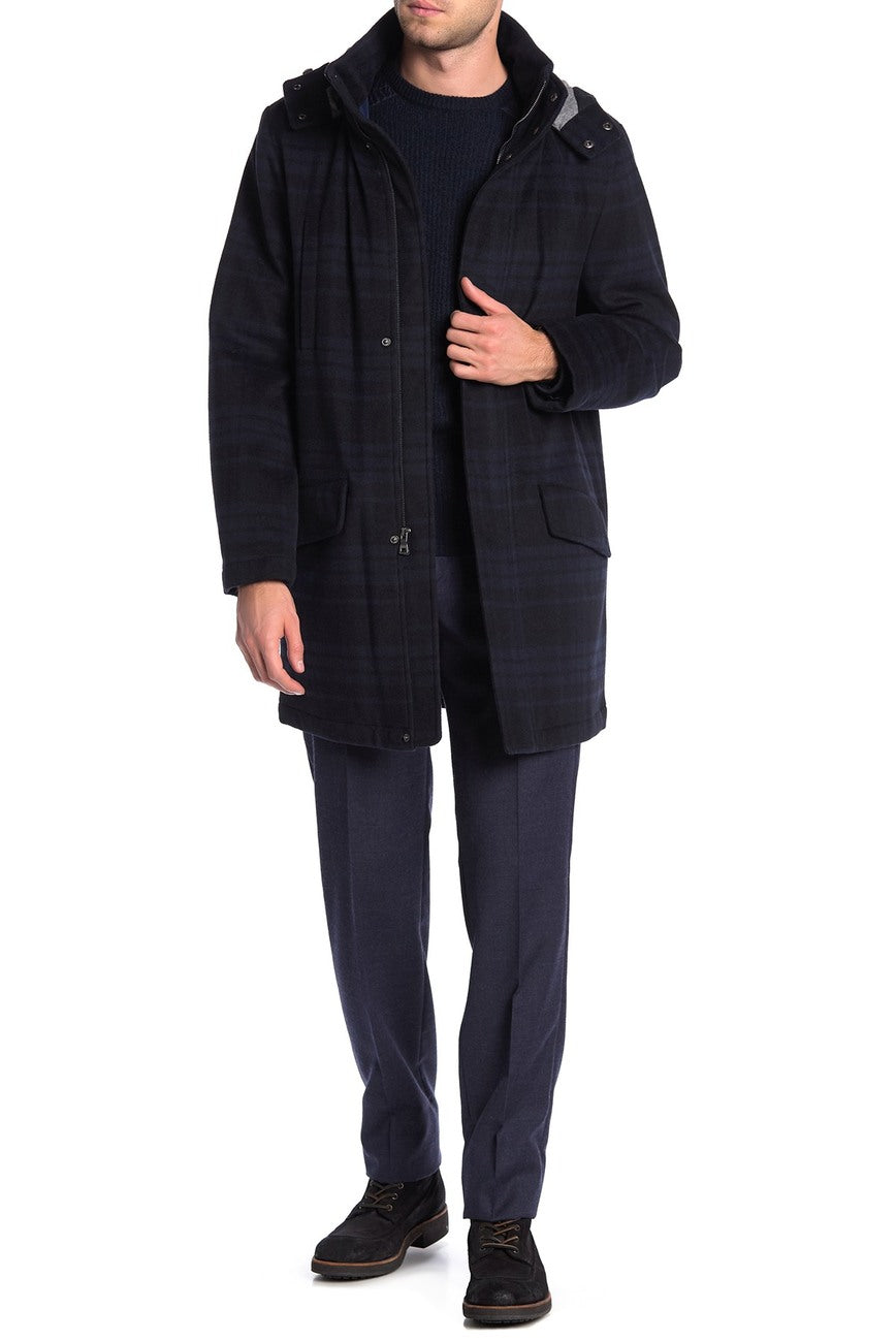 New - Men's Tommy Hilfiger Plaid Hooded Zip Felted Coat Navy 40R- Designer