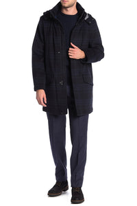 New - Men's Tommy Hilfiger Plaid Hooded Zip Felted Coat Navy 40R