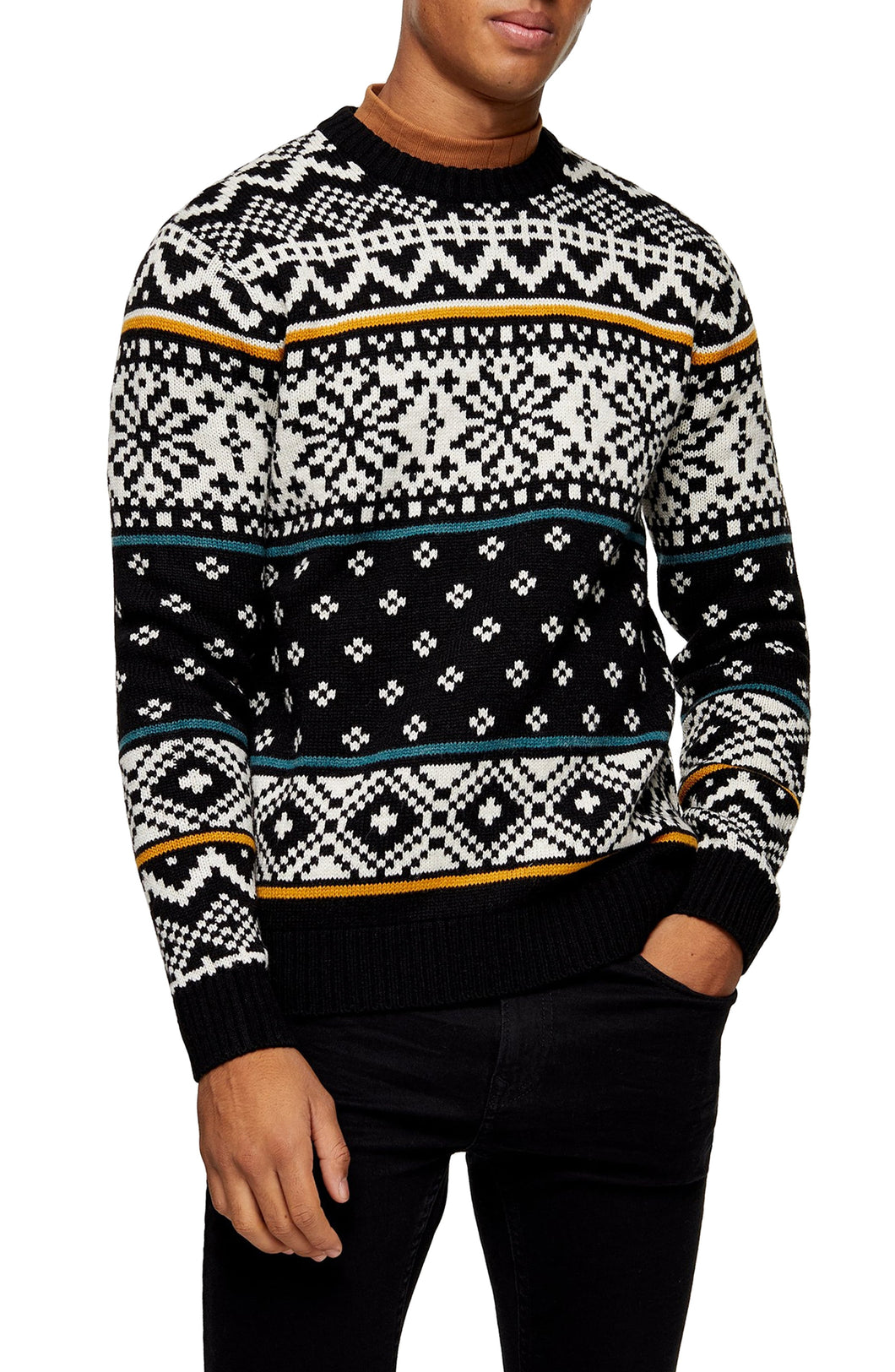 New - Men's Topman Christmas Alpine Fair Isle Crewneck Sweater, Size Small - White