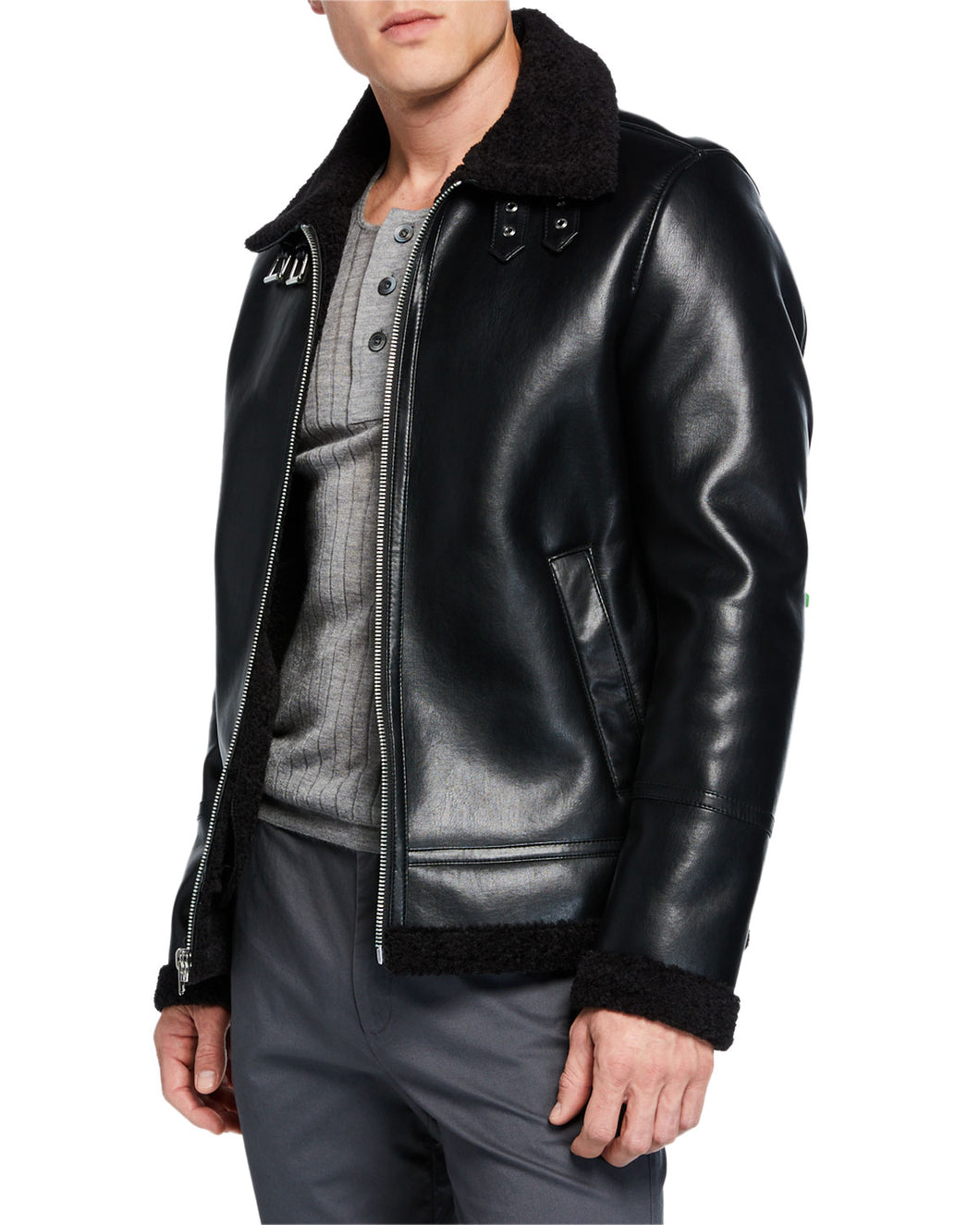 Men's Faux-Leather Buckled-Neck Jacket - Black