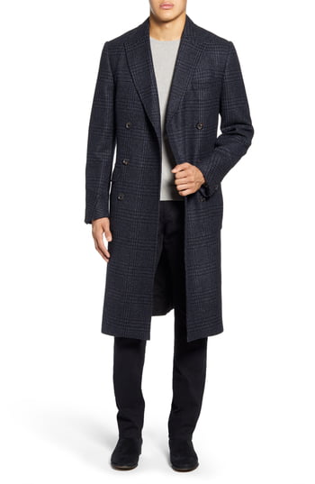 Oliver Spencer Slim Fit Plaid Double Breasted Wool Topcoat, Size 38 - Blue