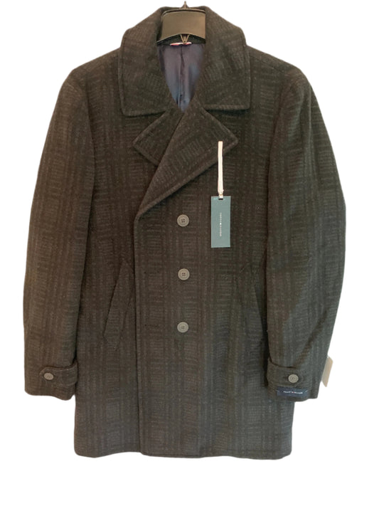 A charcoal gray Tommy Hilfiger plaid jacket with a collar, buttons down the front, and a tag visible on the left side.
