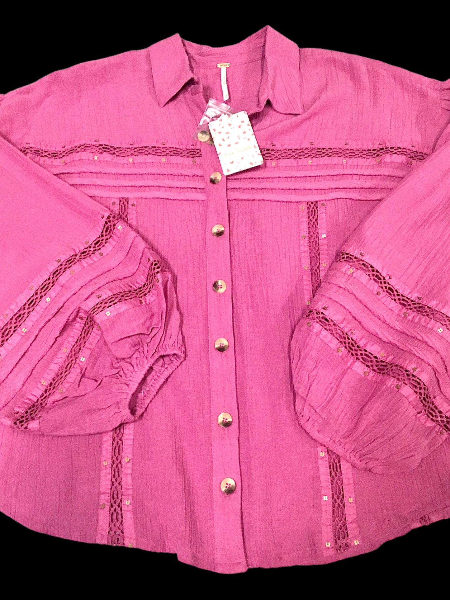 Free People Women's Summer Stars Crochet Trim Boho Button-Down Top -Med -New