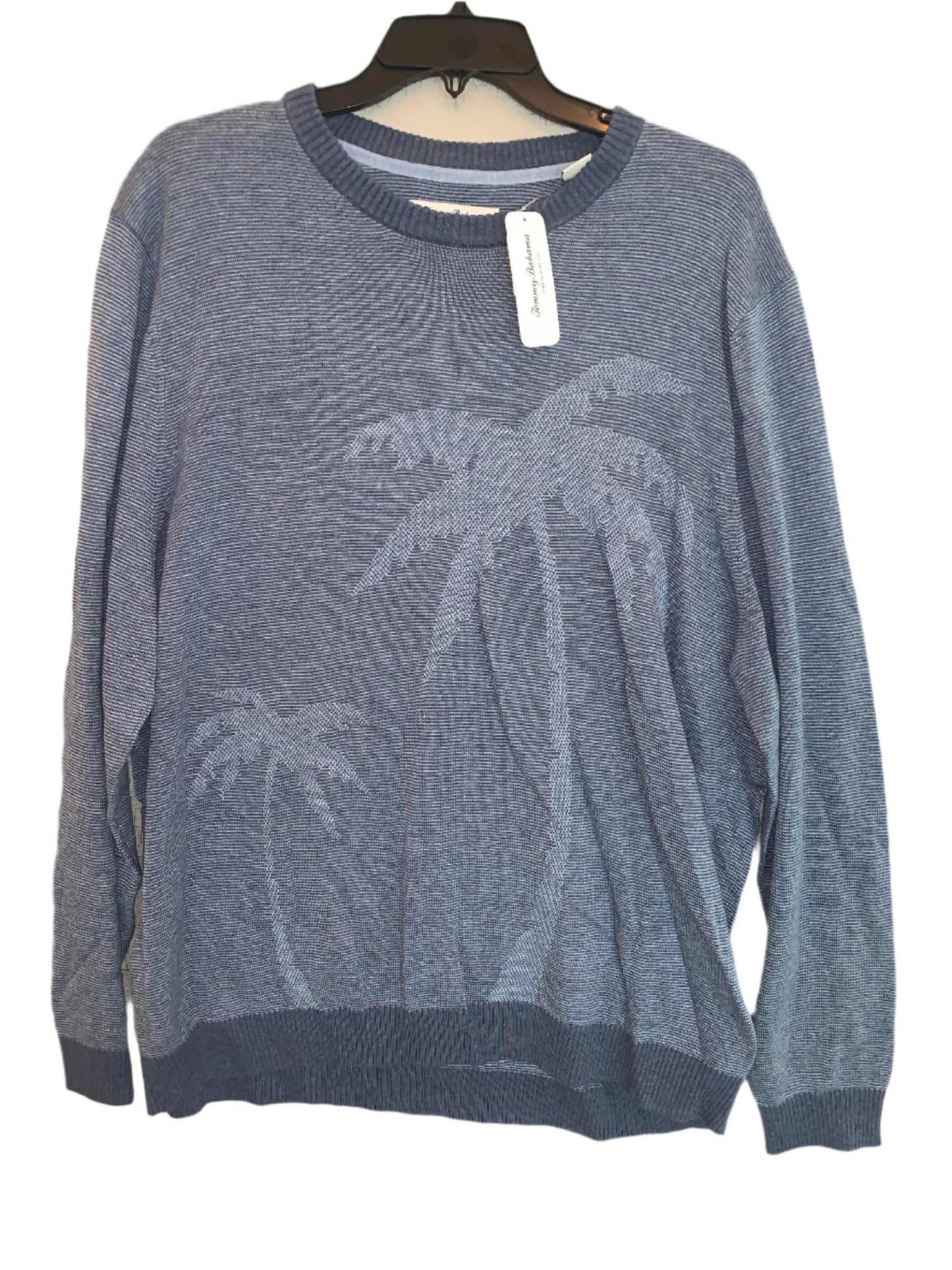 A Tommy Bahama men's crew neck sweater in Monaco blue, with a palm design, displayed on a hanger.