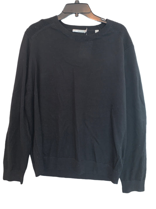Black merino wool crew neck sweater, displayed on a hanger, with no visible brand marking.