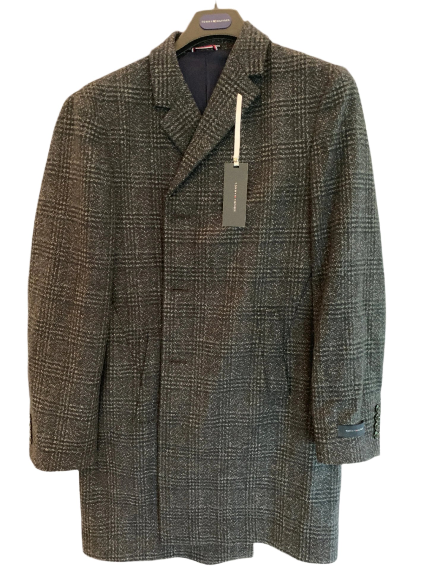 Tommy Hilfiger Addison Notch Lapel Wool Blend Coat in navy plaid, displayed on a hanger with a notch lapel design visible.