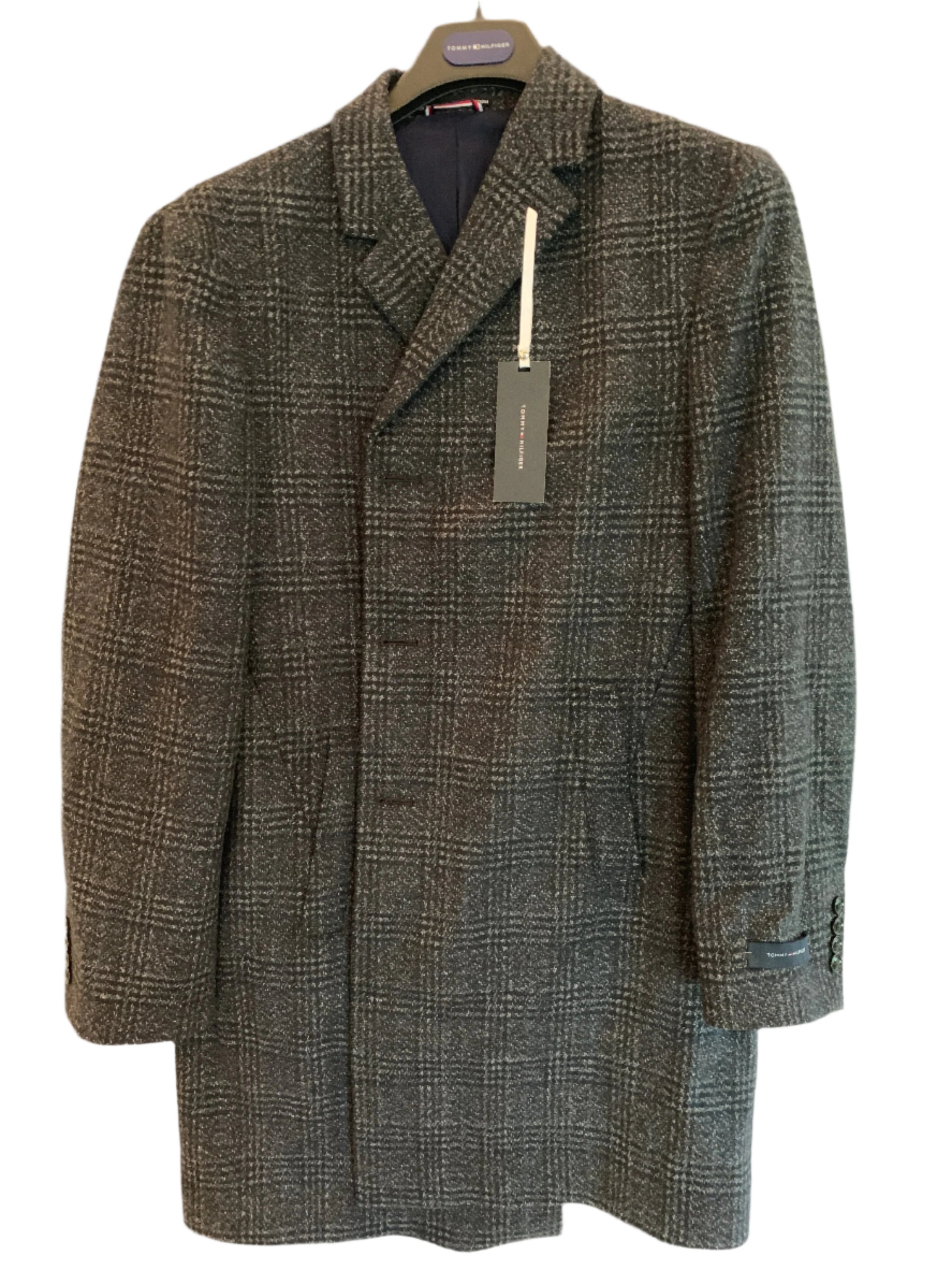 Tommy Hilfiger Addison Notch Lapel Wool Blend Coat in navy plaid, displayed on a hanger with a notch lapel design visible.