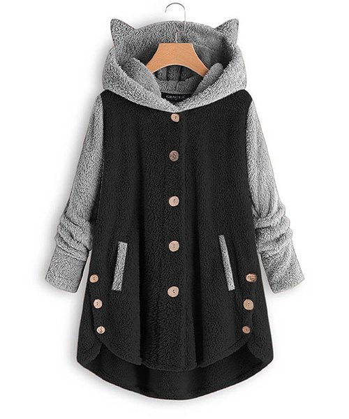 Básico Black & Gray Color Block Plush Ear-Accent Hooded Coat - Size 3XL - New